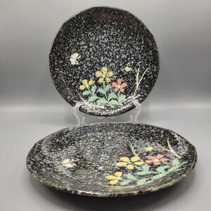 Set Of 2 Floral Speckled Black Ceramic Plates Colorful Yellow Orange Flowers 9"